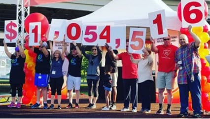 A group of Kindred at Home associates standing on a stage, holding signs with the amount of charitable donations they’ve collected.