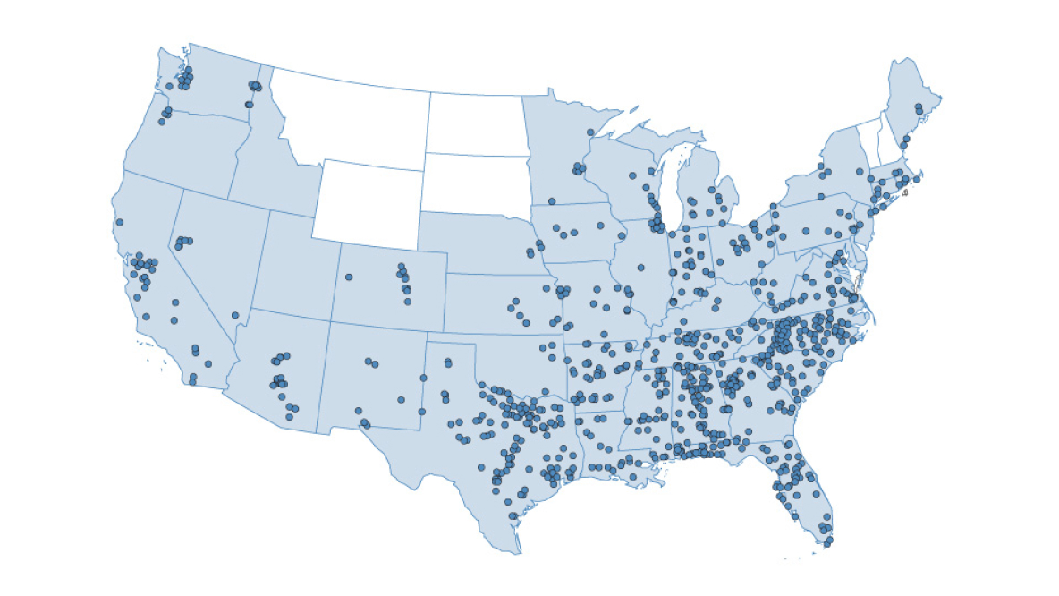 A map of the United States showing Kindred at Home locations.
